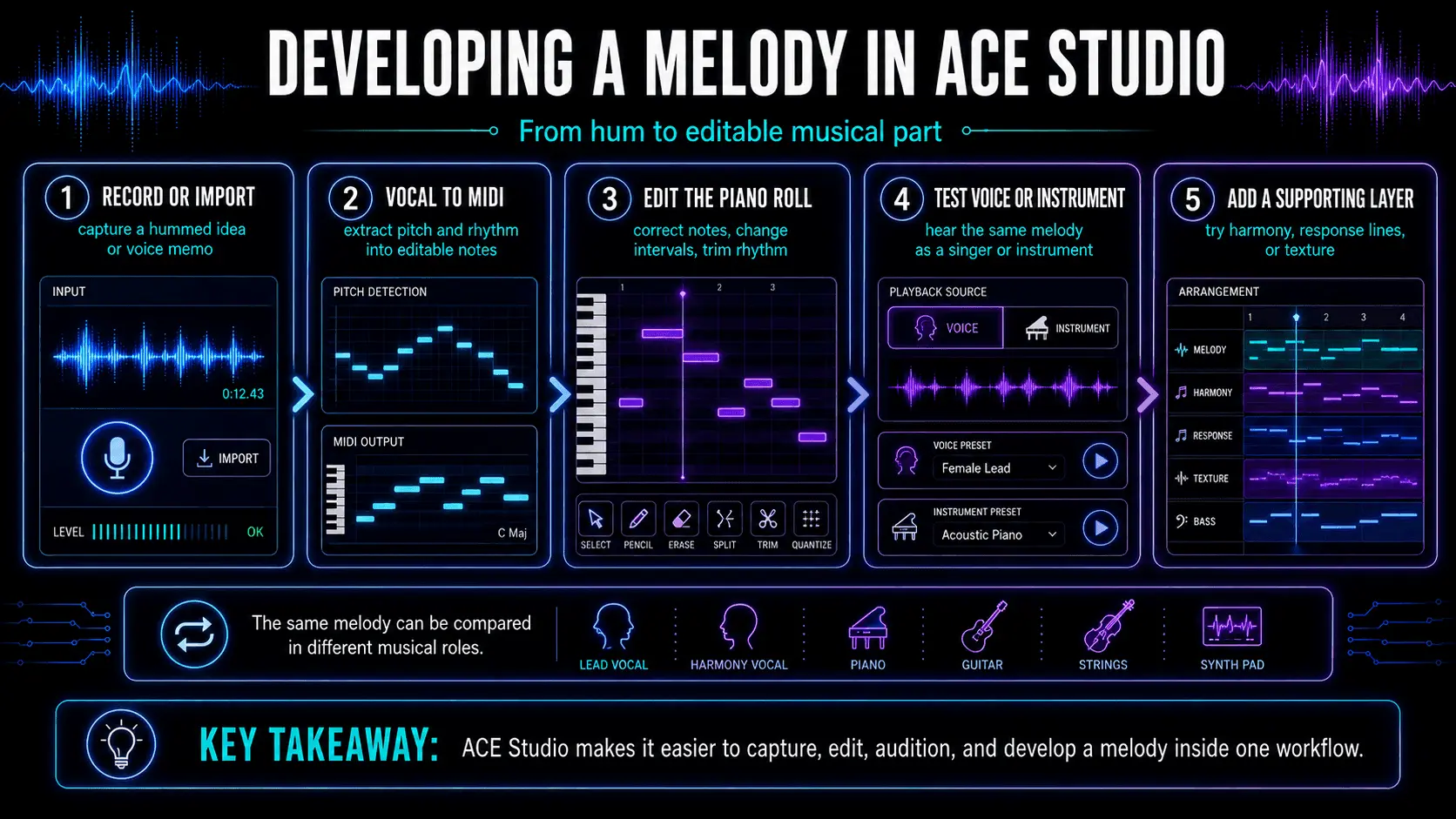 Infographic showing how to record a melody, convert vocals to MIDI, edit notes, test sounds, and add layers in ACE Studio.