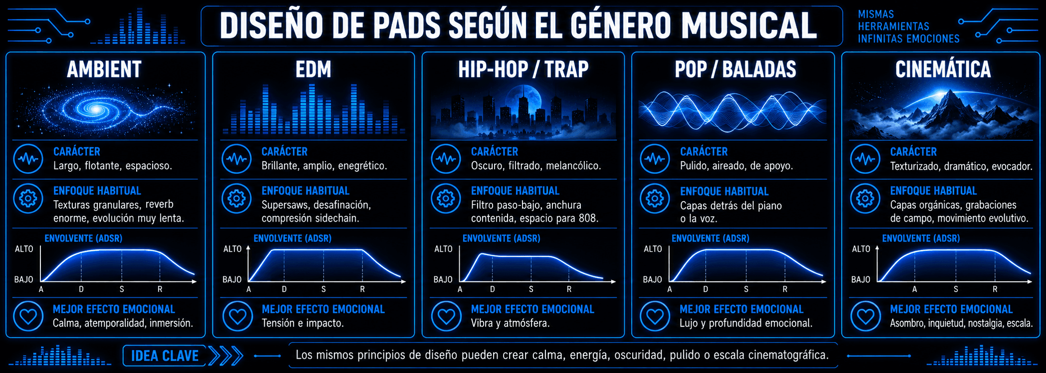Infografía que compara el carácter del pad sintetizado, procesamiento, amplitud estéreo, envolventes y efectos emocionales en cinco géneros musicales.