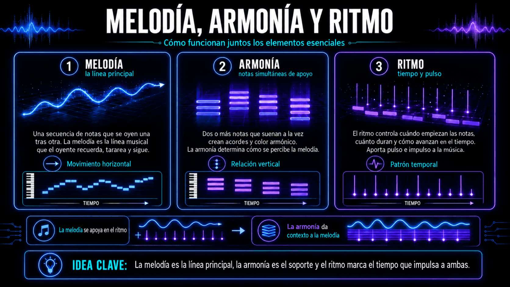 Infografía comparando la melodía como la melodía principal, la armonía como acordes de apoyo, y el ritmo como tiempo y pulso.