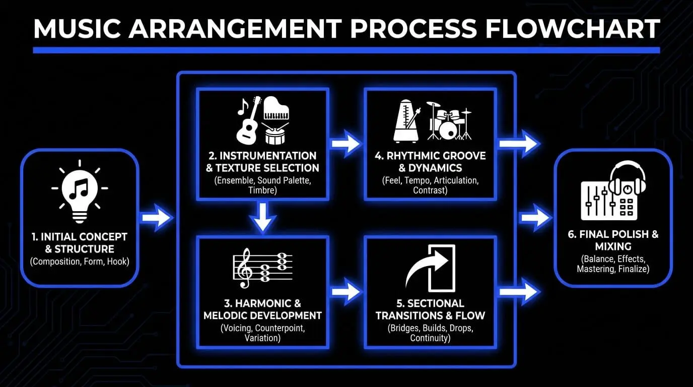 Music arrangement process flowchart showing the steps from initial song concept and instrumentation to harmony, groove, transitions, and final mixing.