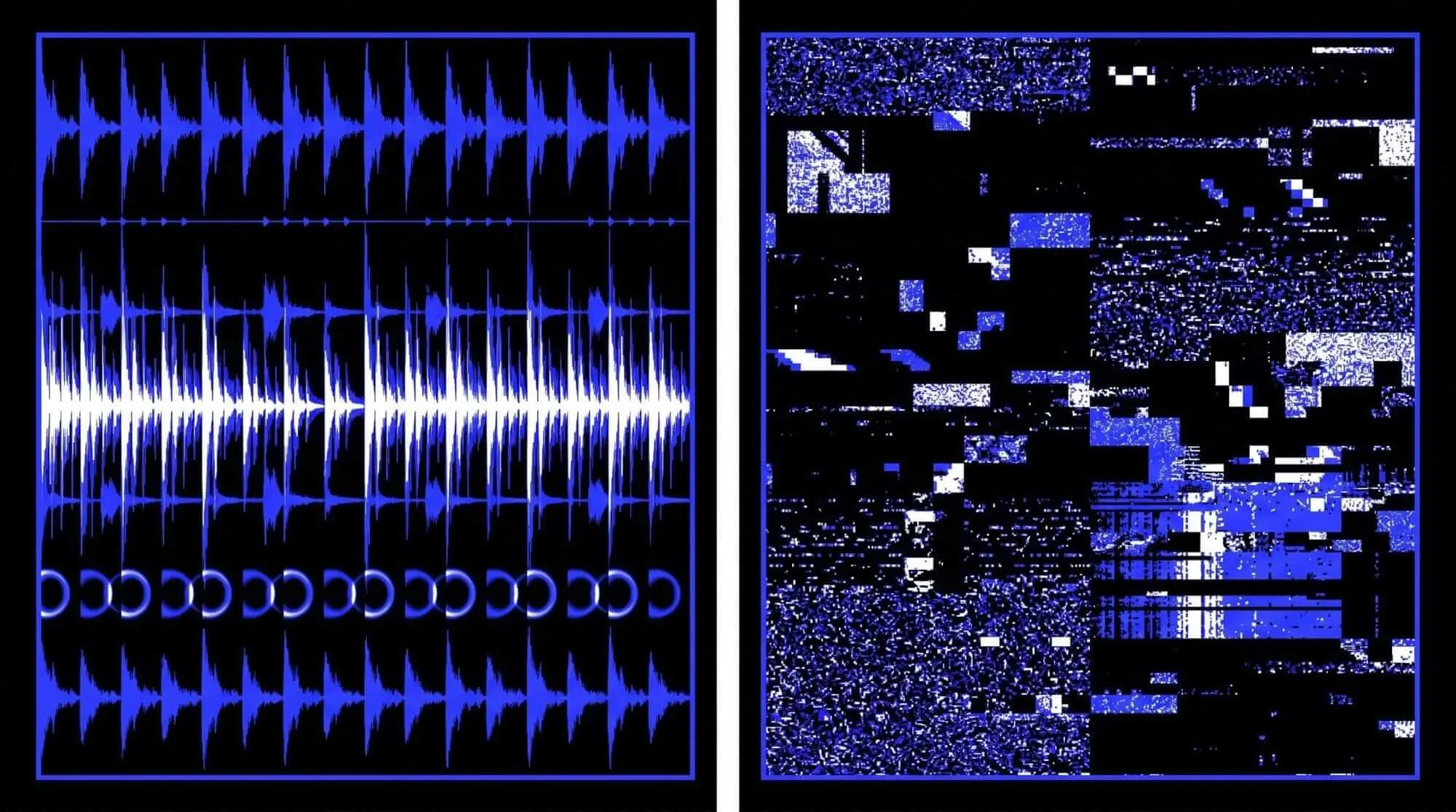 Split image showing structured audio waveforms transformed into scattered digital fragments through granular synthesis.