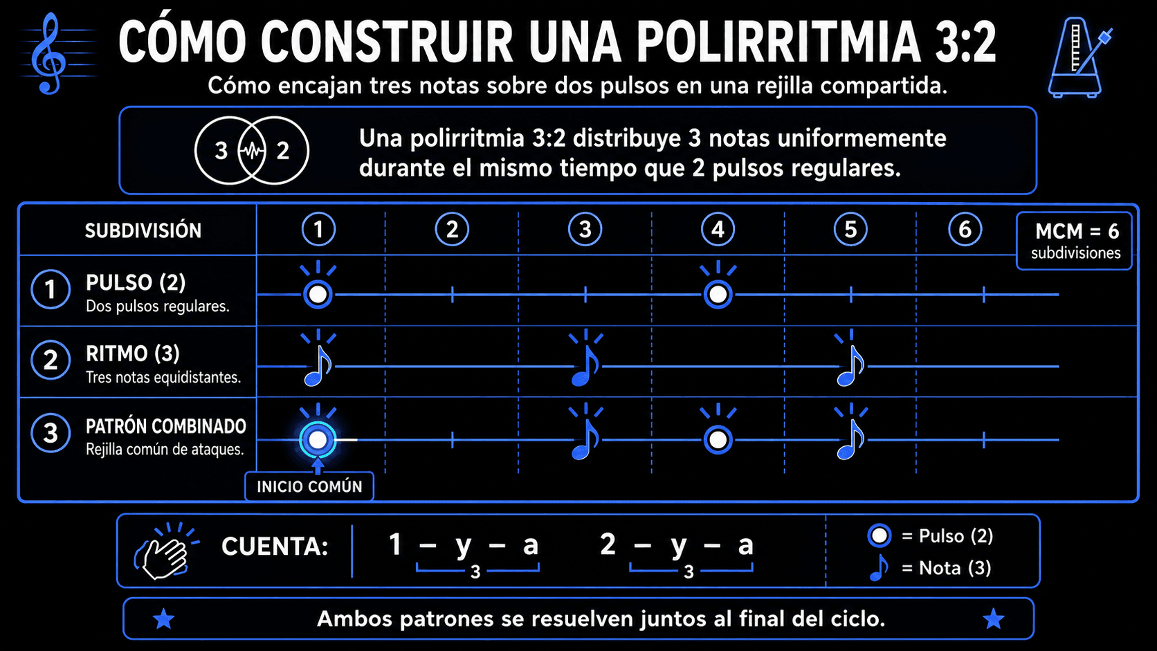 Diagrama mostrando una poliritmia 3:2 a través de seis subdivisiones, con dos pulsos constantes, tres notas espaciadas uniformemente y su patrón combinado.