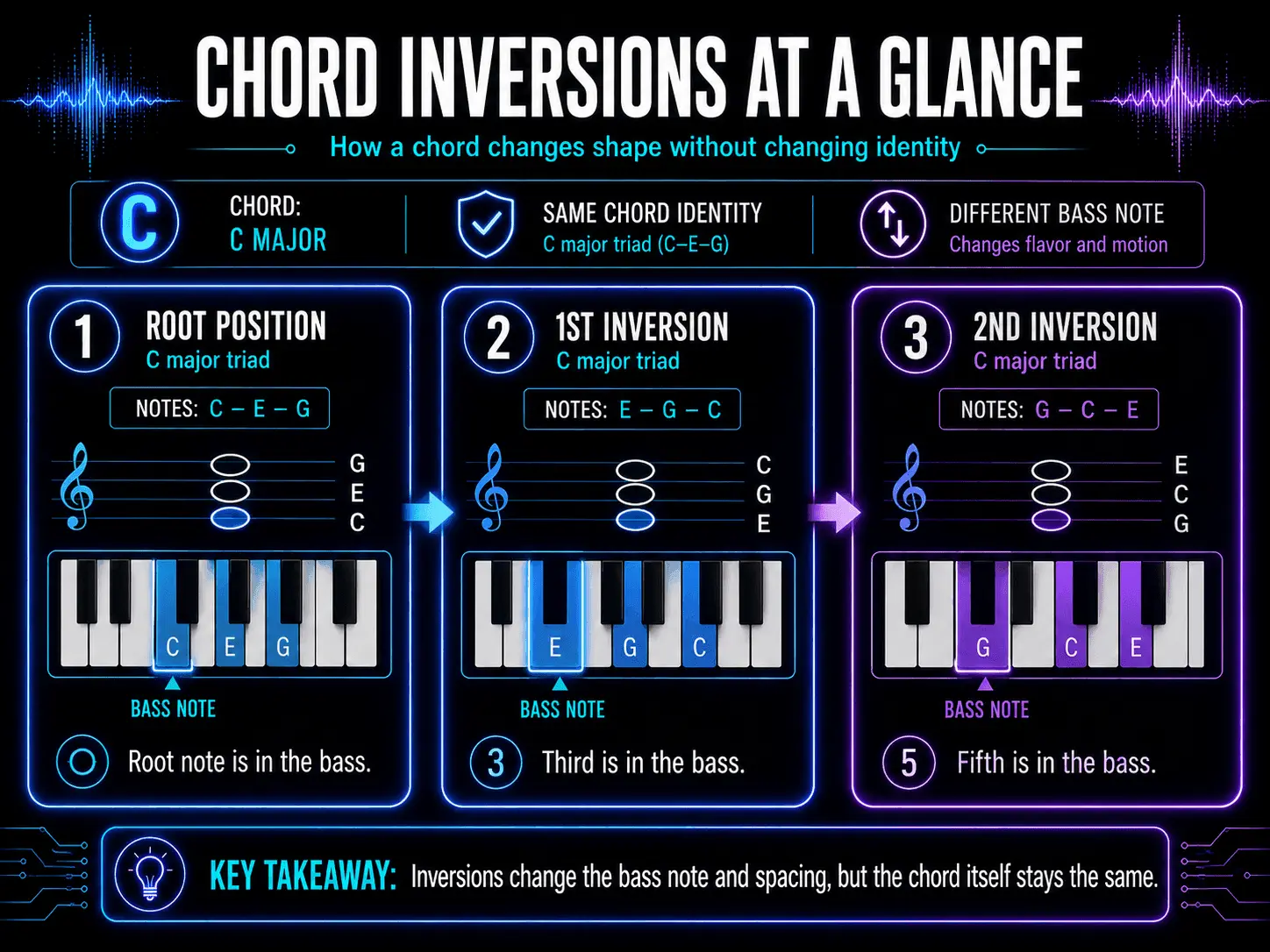 C major chord shown in root position, first inversion, and second inversion using notation and highlighted piano keys.