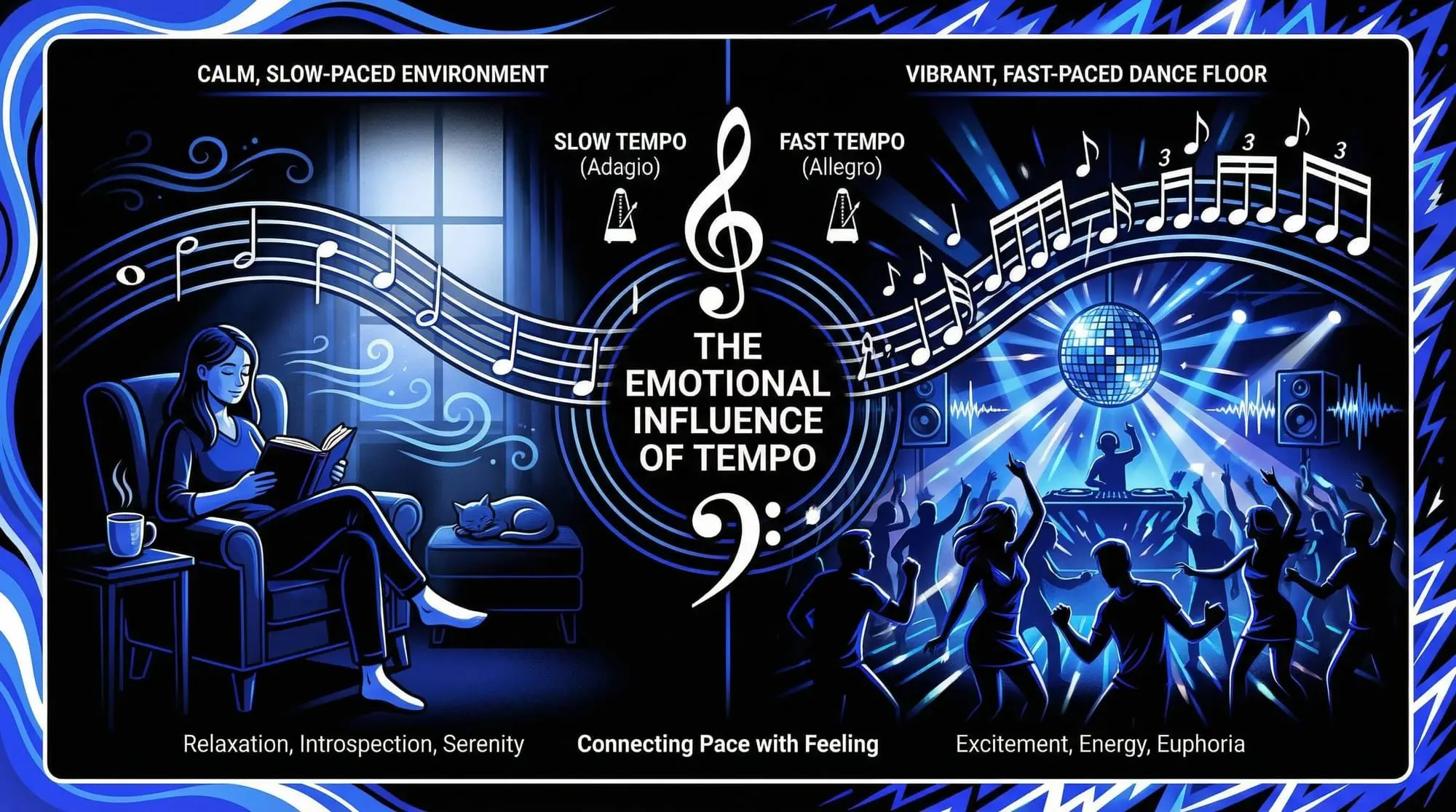 Infographic showing the emotional influence of tempo, comparing a calm slow-paced setting with a vibrant fast-paced dance floor.
