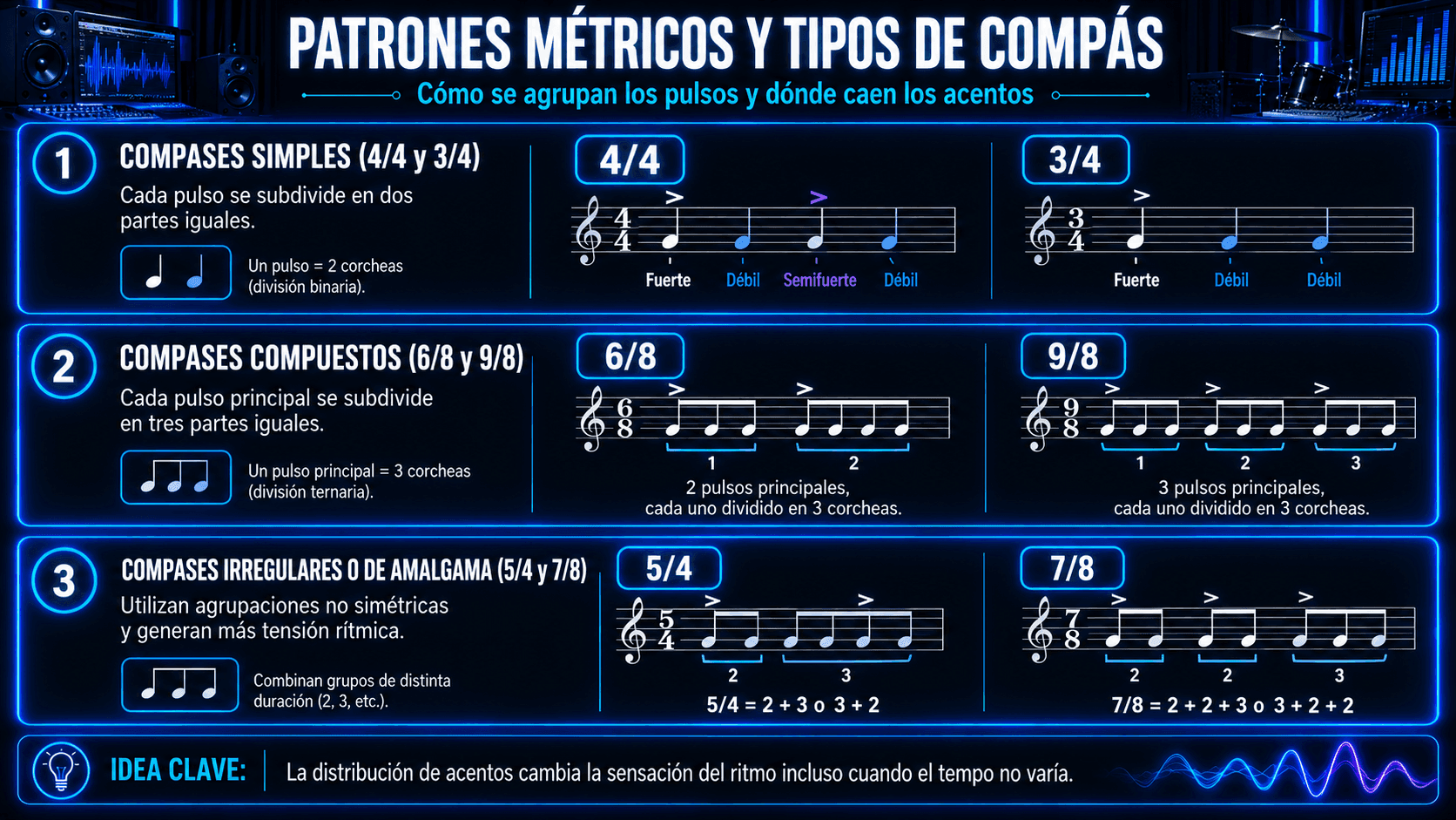 Infografía de patrones métricos en compases simples, compuestos e irregulares como 4/4, 6/8, 5/4 y 7/8