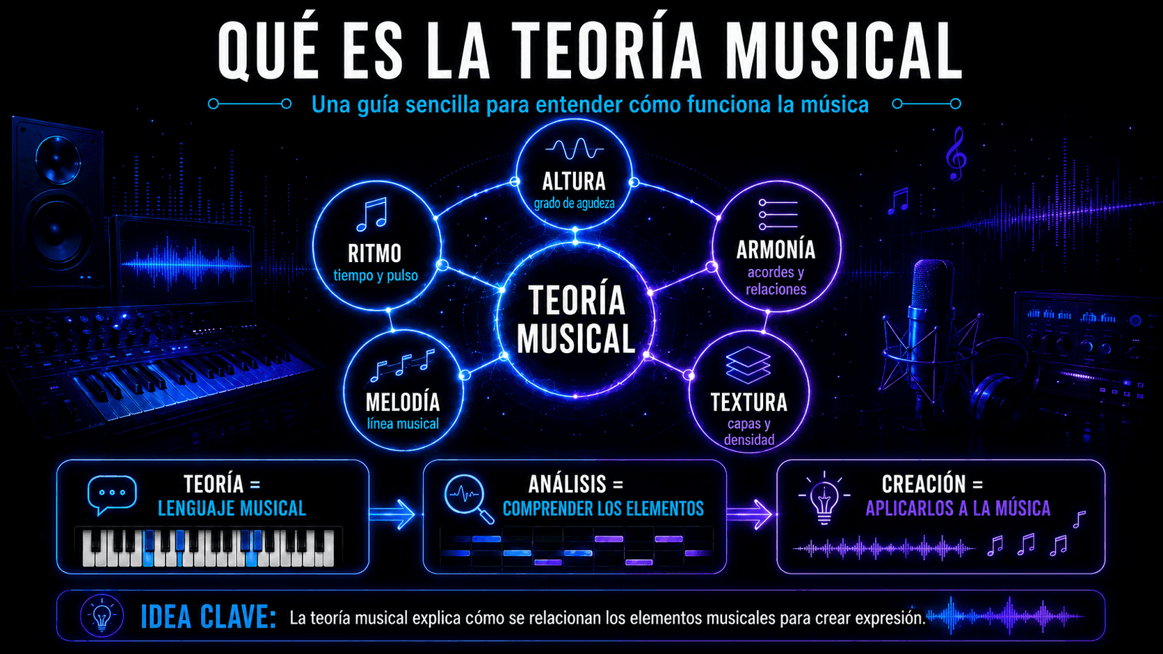 Infografía de teoría musical que conecta ritmo, tono, melodía, armonía y textura con análisis y creación musical.