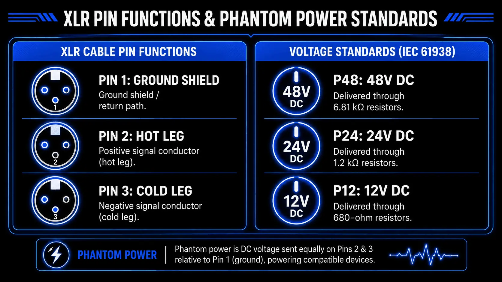 Infographic showing XLR cable pin functions for ground, hot, and cold conductors with P48, P24, and P12 phantom power standards.