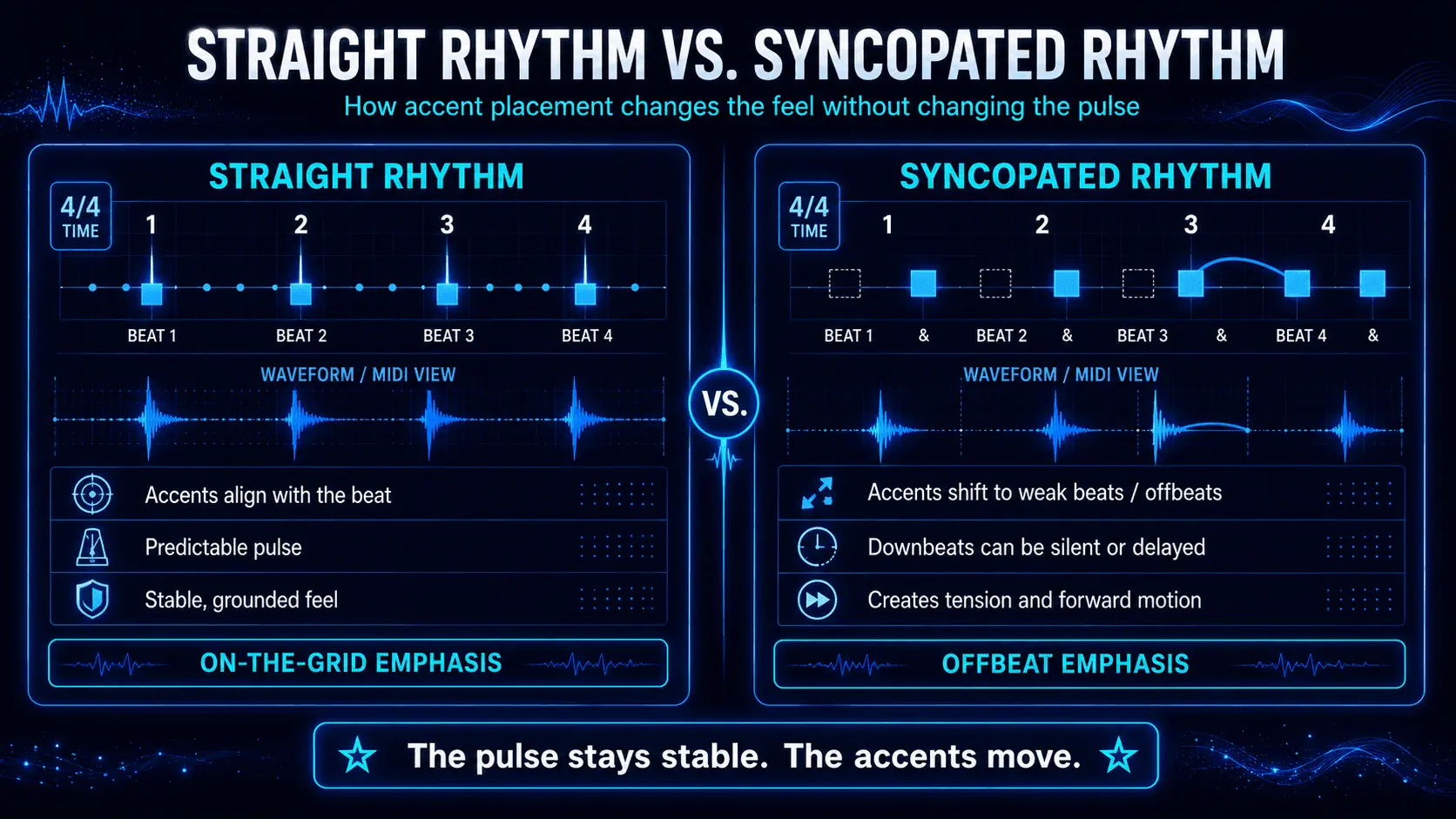 Comparison of straight and syncopated rhythms in 4/4, showing accents on beats versus weak beats and offbeats.