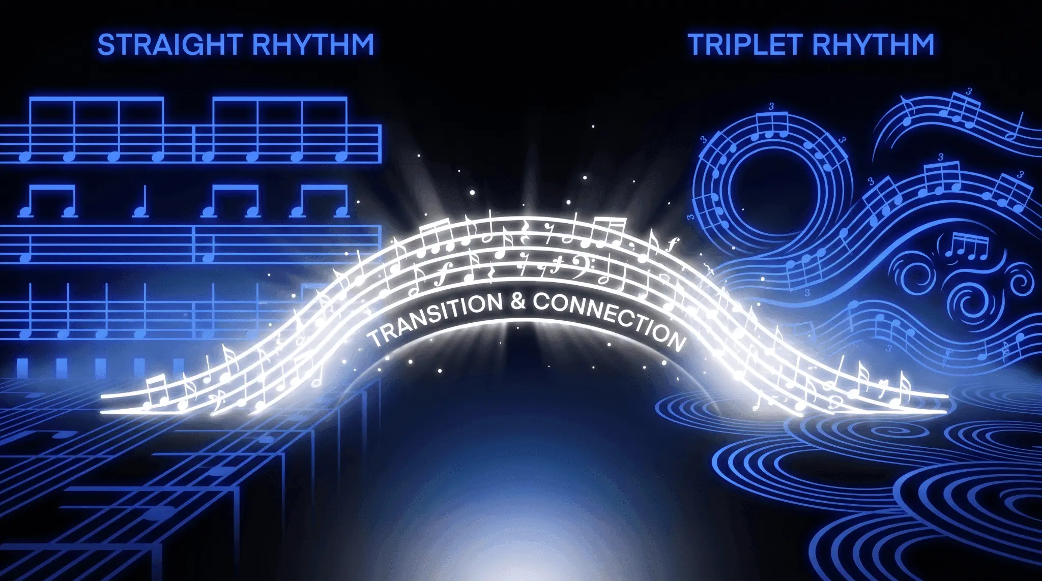 Illustration of straight rhythm shifting into triplet rhythm through metric modulation and rhythmic transition.