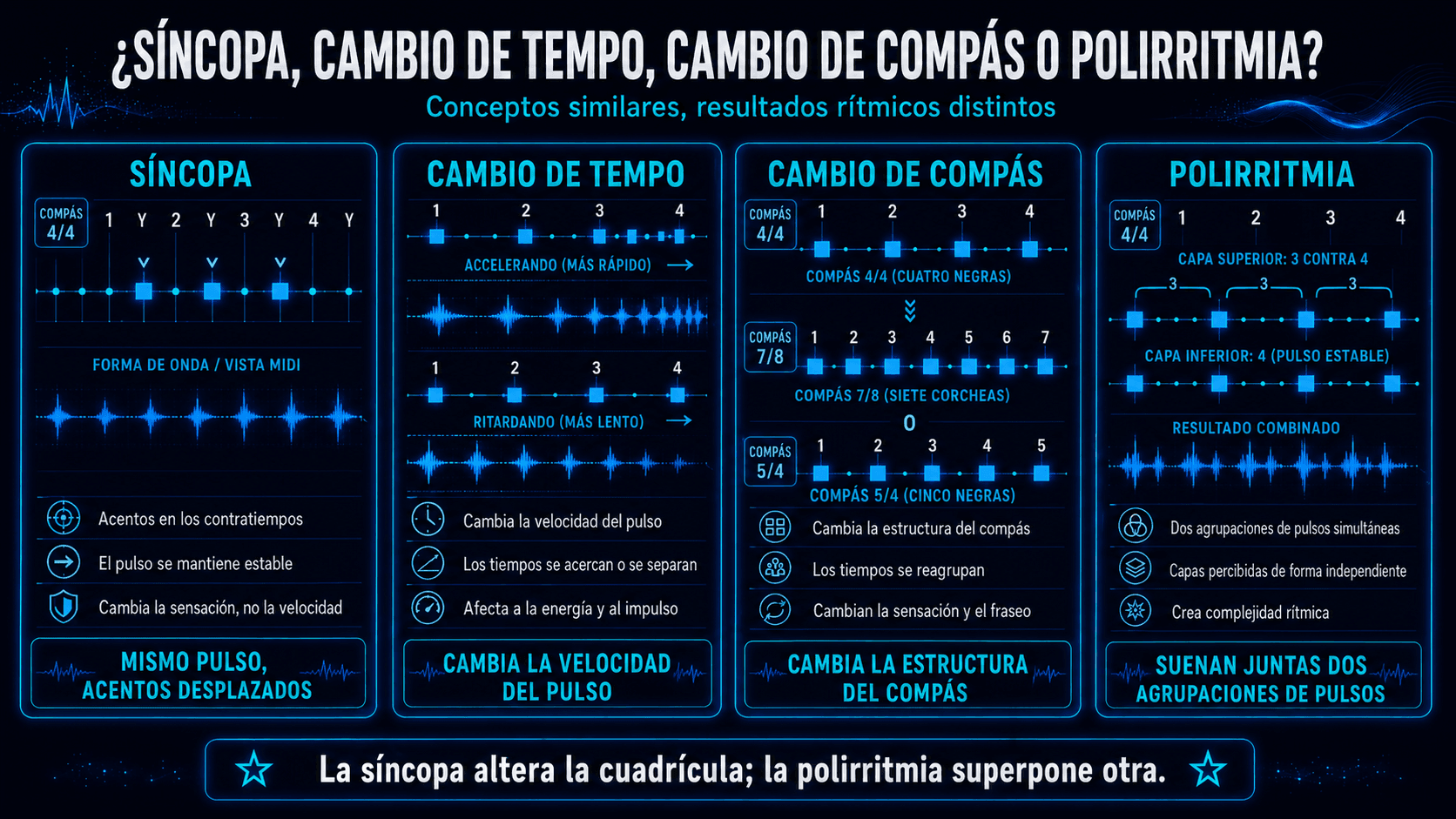 Comparación entre síncopa, cambio de tempo, cambio de compás y polirritmia, y sus efectos sobre el pulso, la estructura y los acentos.