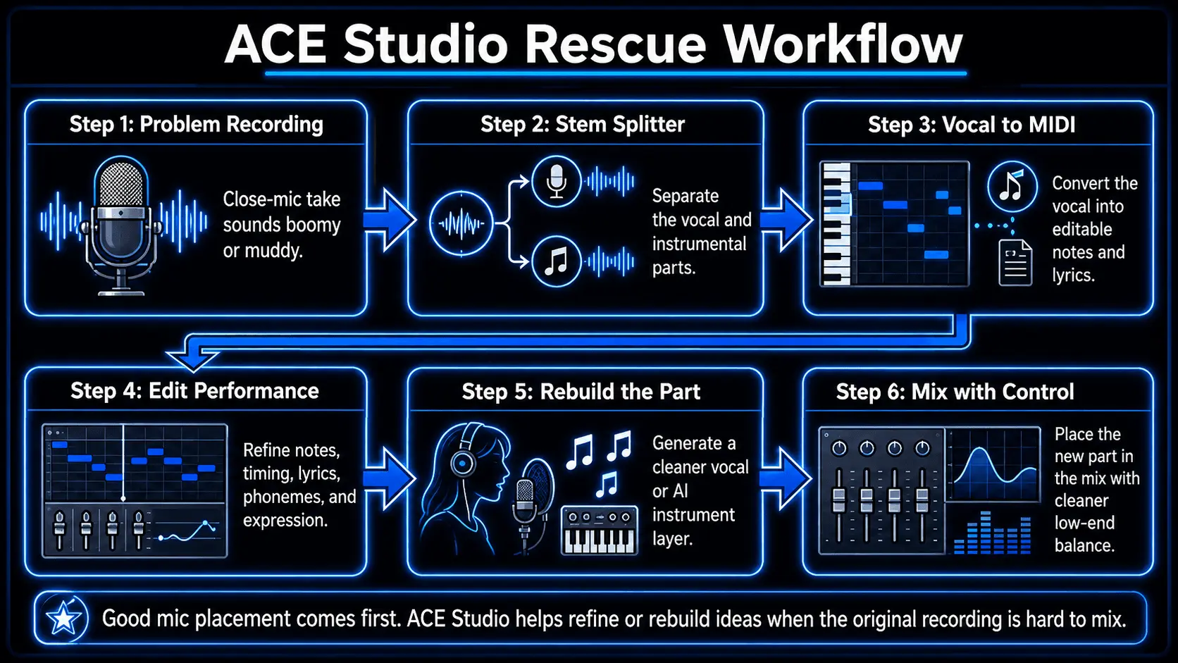 Infographic showing an ACE Studio rescue workflow for proximity effect issues, including problem recording, Stem Splitter, Vocal to MIDI, performance editing, rebuilding the part, and mixing with cleaner low-end balance.
