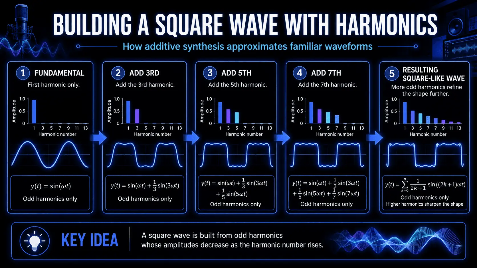 Step-by-step construction of a square wave by adding the third, fifth, seventh, and higher odd harmonics to a fundamental sine wave.