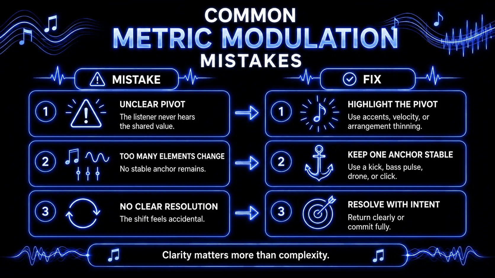Infographic showing common metric modulation mistakes, including unclear pivots, too many changing elements, and no clear resolution, with practical fixes for each.