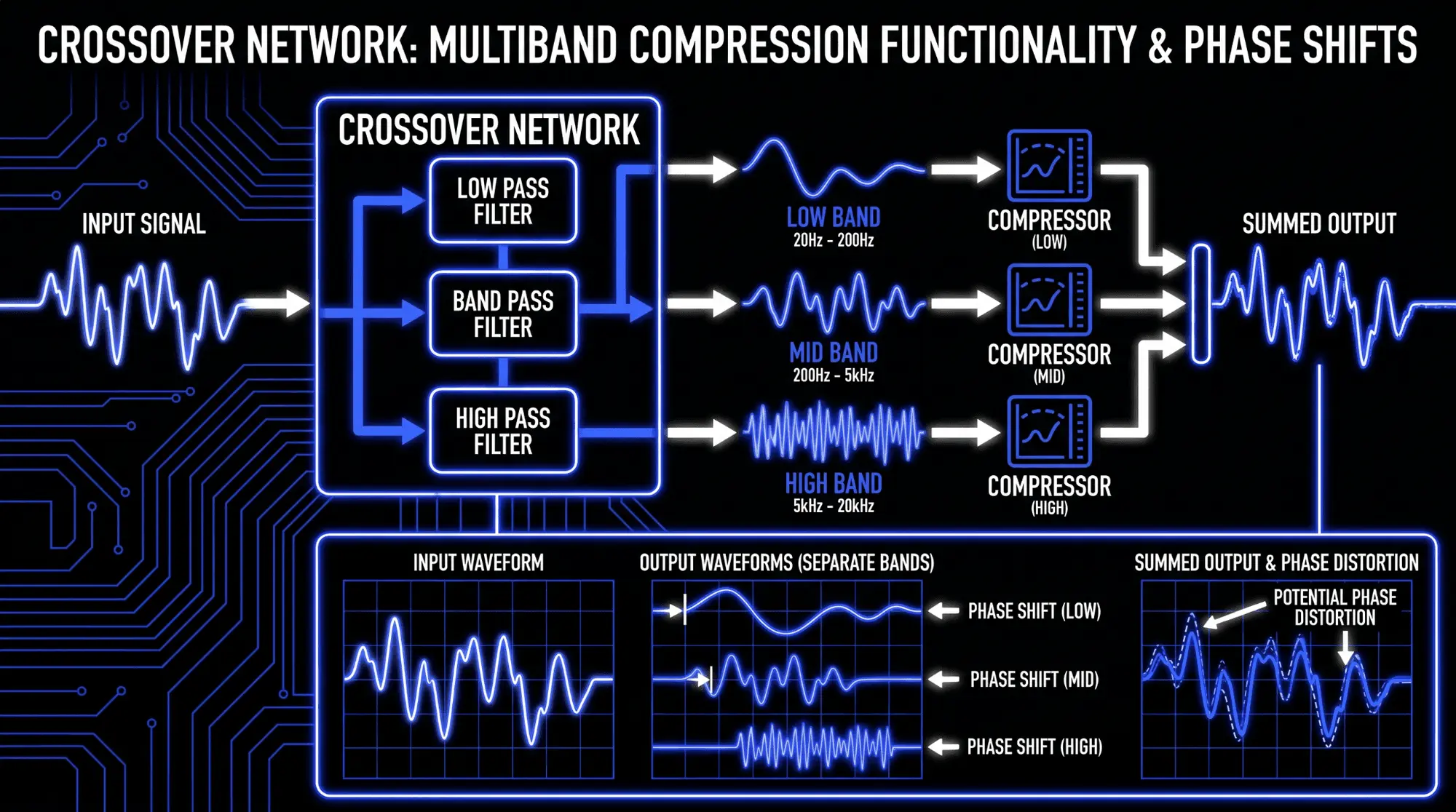 Infographic explaining multiband compression crossover networks, showing an input signal split into low, mid, and high bands, processed by separate compressors, then summed with possible phase shifts.