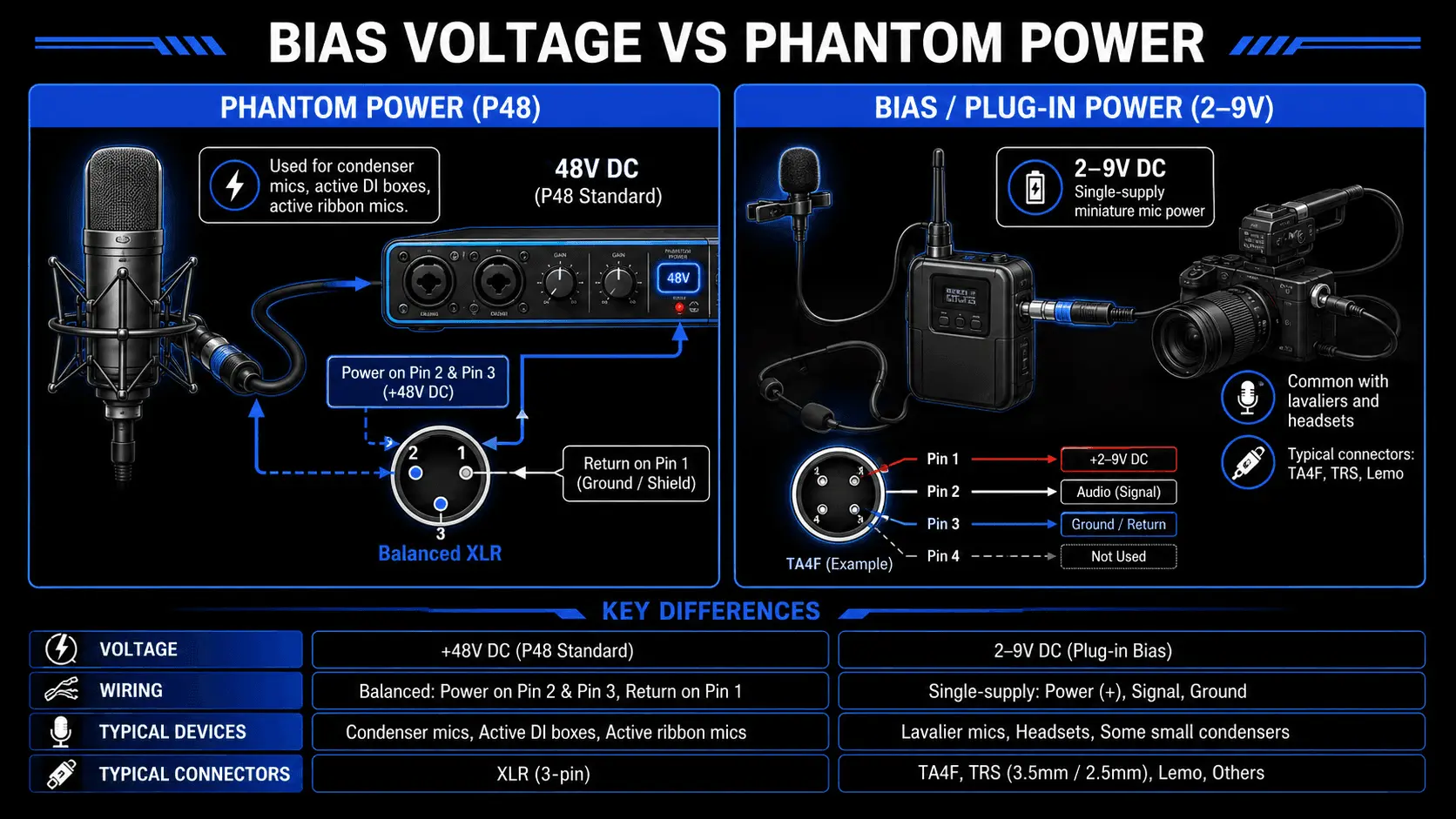 Infographic comparing 48V phantom power for XLR condenser microphones with 2–9V bias voltage for lavalier microphones, headsets, and miniature mic systems.