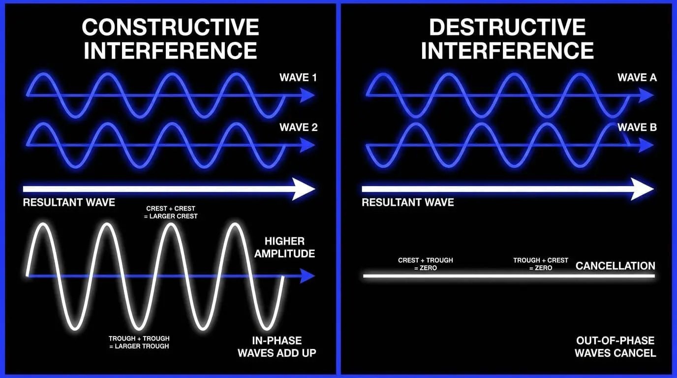 Infographic comparing constructive interference with in-phase waves creating higher amplitude and destructive interference with out-of-phase waves causing cancellation.