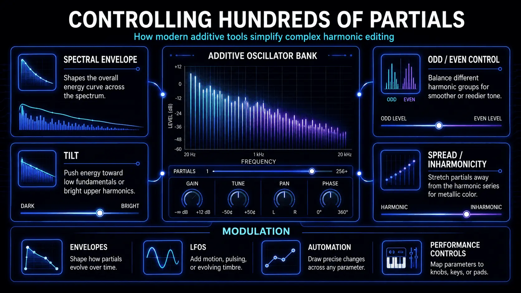 Additive synthesizer controls for spectral envelopes, harmonic tilt, odd and even balance, inharmonic spread, envelopes, LFOs, and automation.