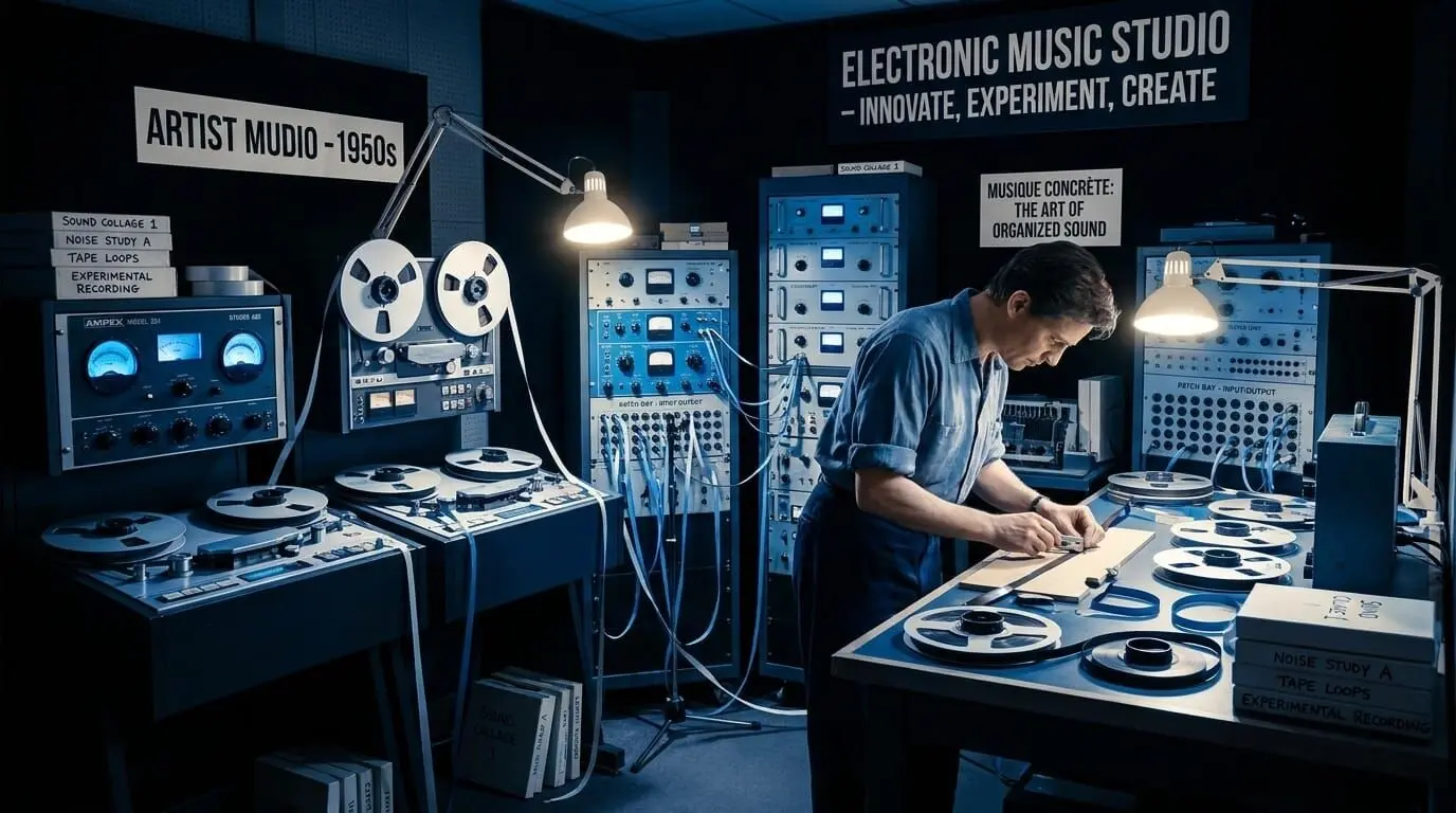 1950s electronic music studio with tape machines, reel-to-reel recorders, audio equipment, and a producer editing tape.