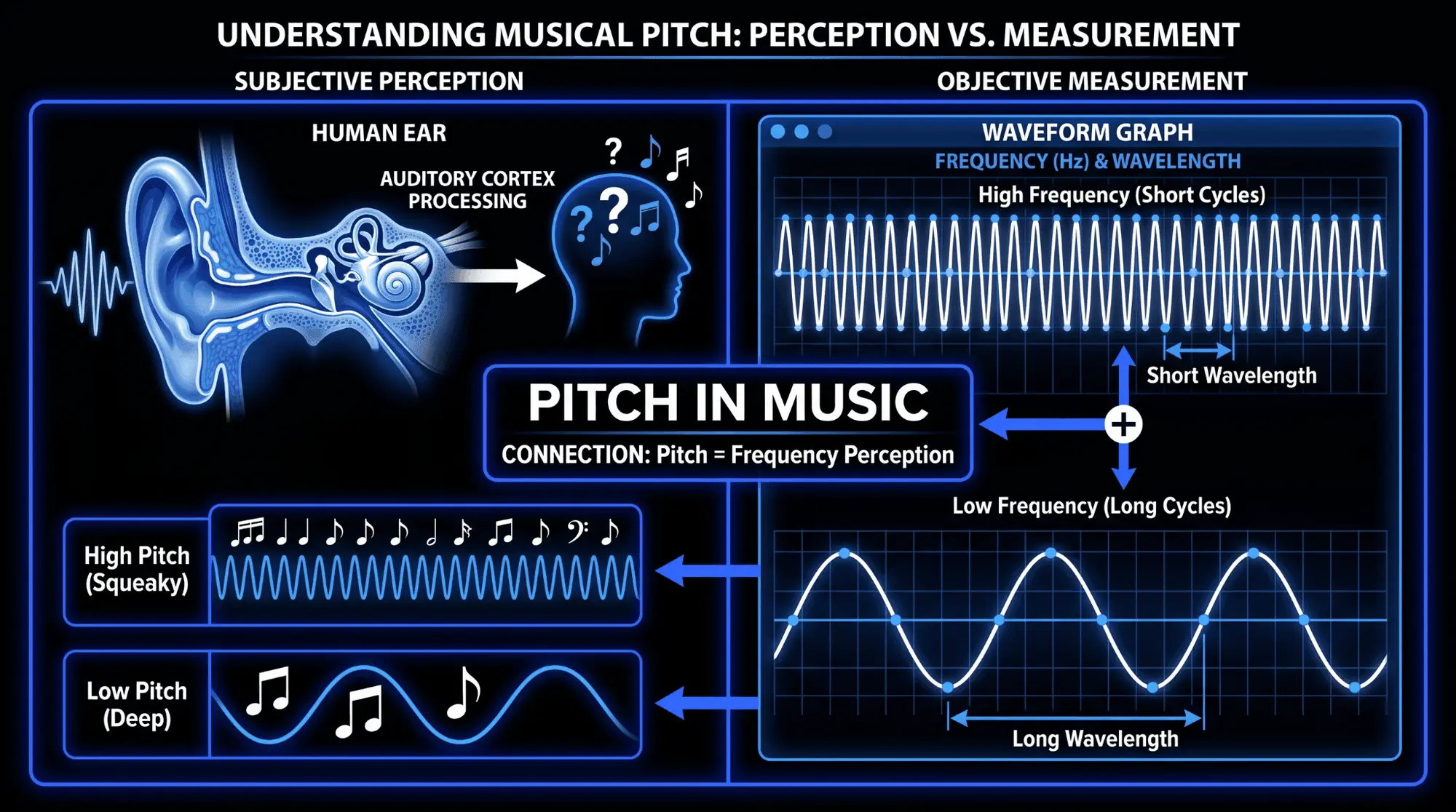 Infographic explaining musical pitch as the link between subjective hearing perception and objective sound frequency measurement.