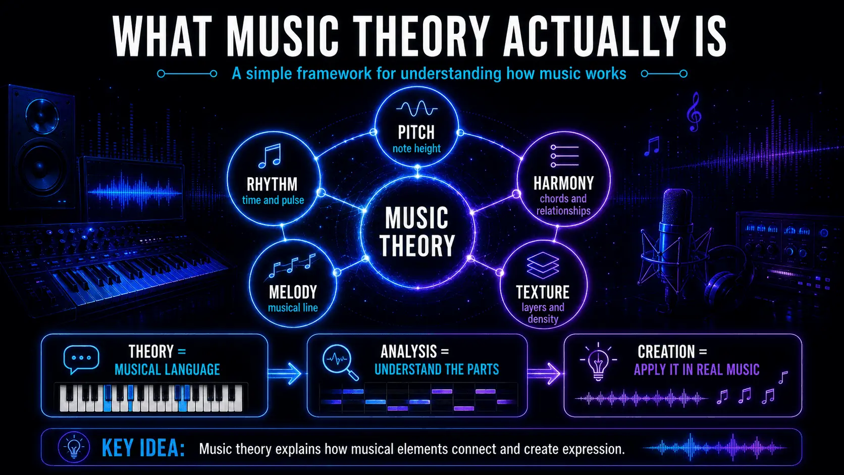 Music theory infographic linking rhythm, pitch, melody, harmony, and texture to analysis and music creation.