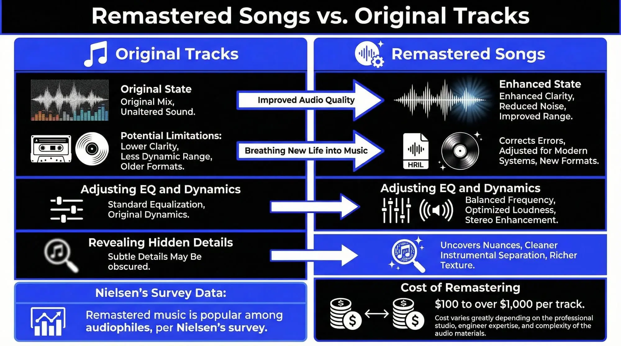 Infographic comparing original tracks and remastered songs, including audio quality, EQ, dynamics, hidden details, and remastering cost.
