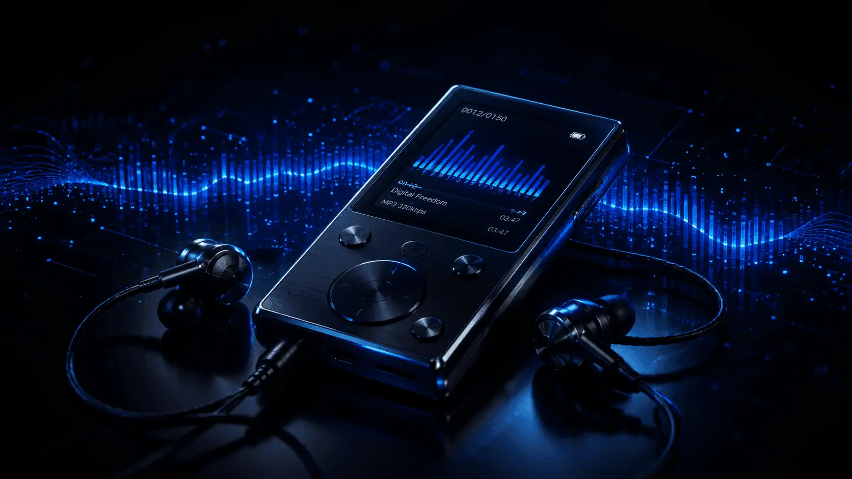 Portable digital MP3 player with wired earphones and blue audio waveform in the background