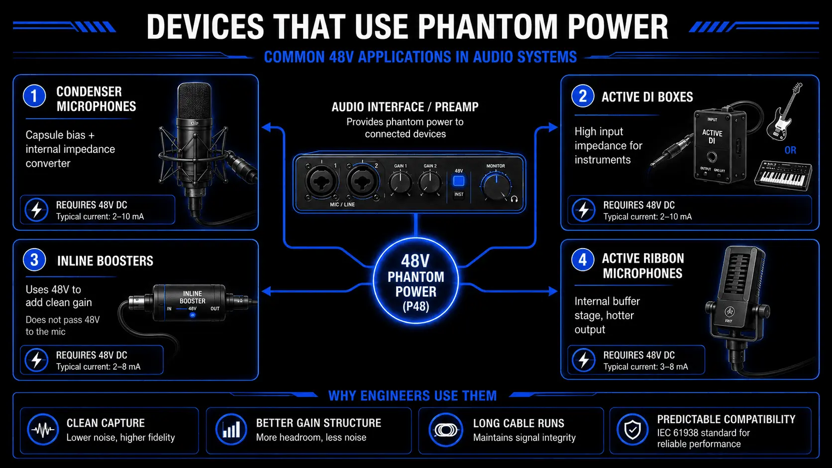 Infographic showing devices that use 48V phantom power, including condenser microphones, active DI boxes, inline boosters, and active ribbon microphones.