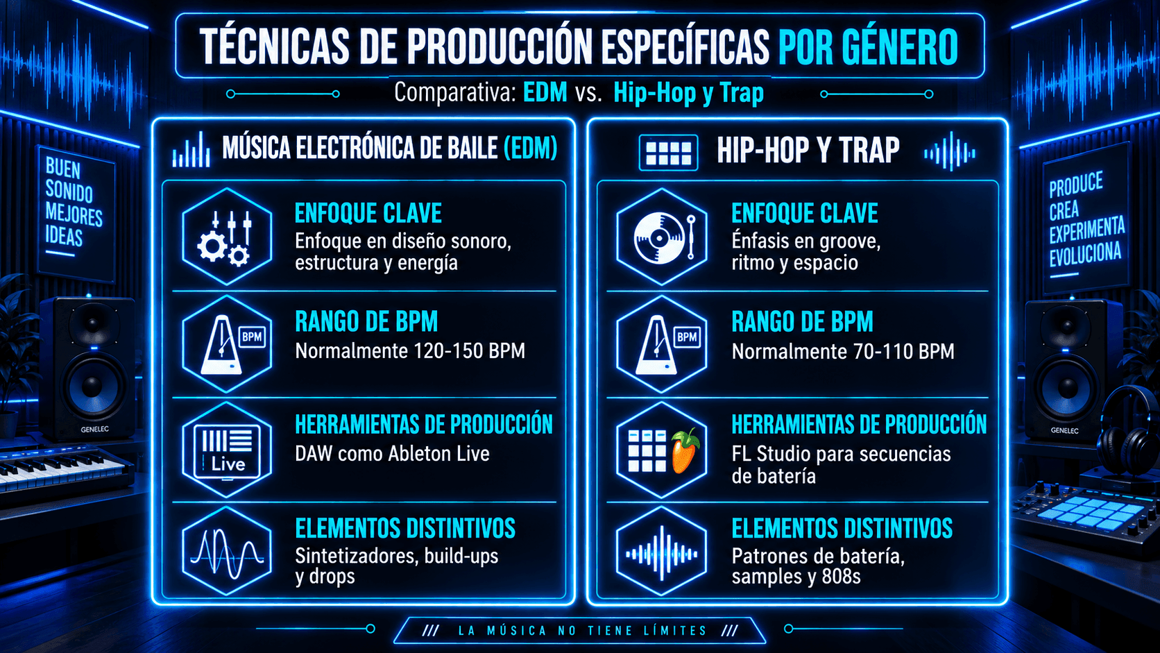 Infografía comparando técnicas de producción EDM y hip-hop/trap, incluyendo enfoque, rango de BPM, herramientas y elementos distintivos.