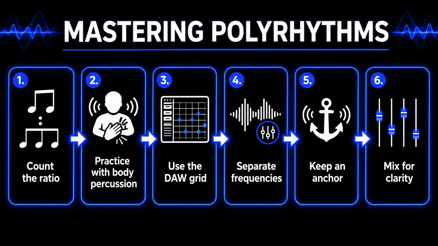 Six-step guide to mastering polyrhythms through composite rhythms, body percussion, DAW grids, anchoring, frequency control, and mixing.