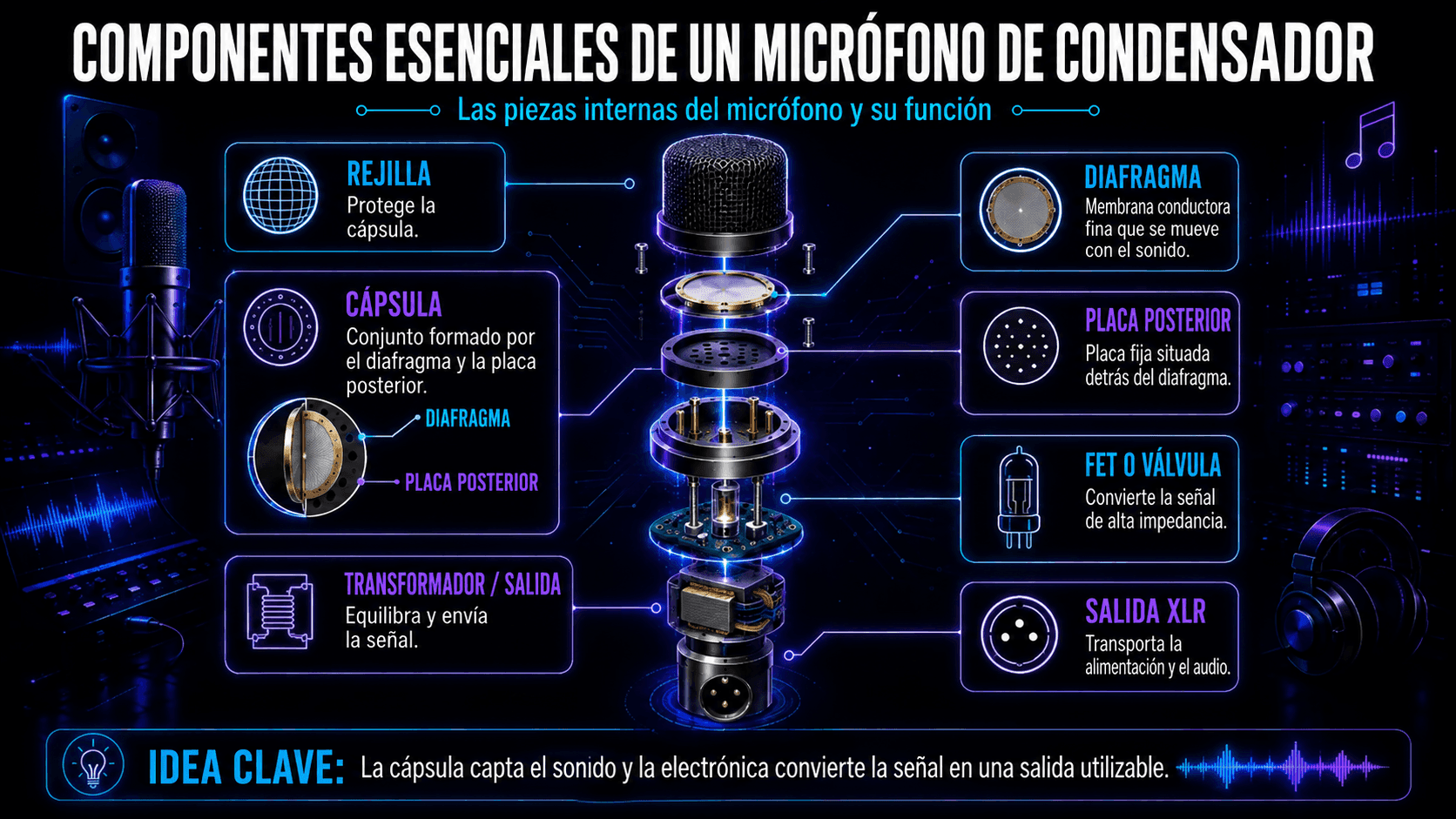Exploded condenser microphone diagram labeling the grille, diaphragm, backplate, capsule, impedance converter, transformer, and XLR output.