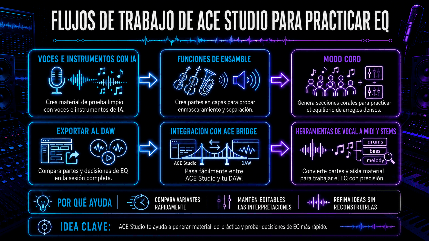 Infografía que muestra los flujos de trabajo de práctica de EQ de ACE Studio, incluyendo voces AI, características de ensamble, modo coro, exportación DAW, integración ACE Bridge, vocal-to-MIDI, y herramientas de stem.