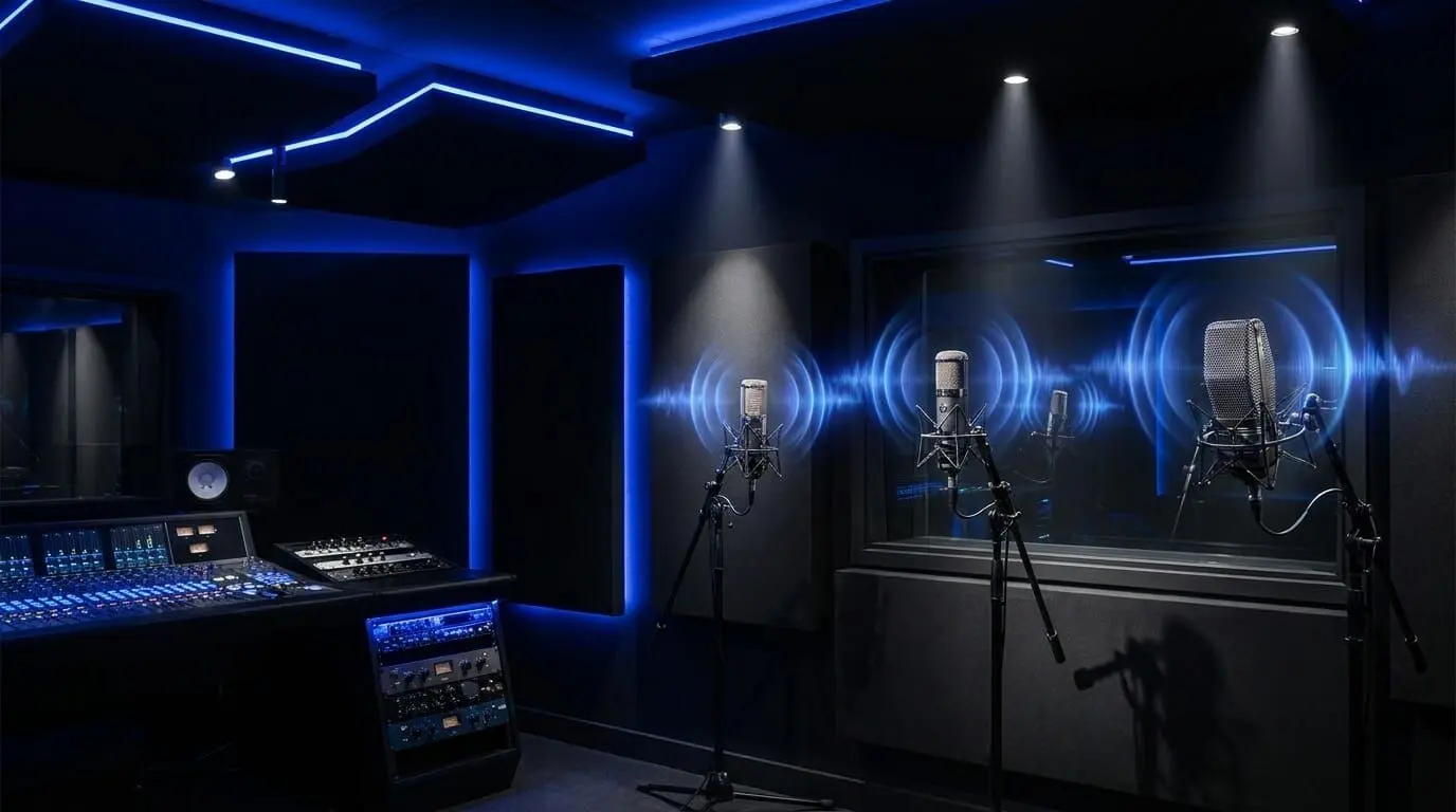Recording studio image showing multiple microphones at different distances with blue sound waves, illustrating how mic placement and room setup influence proximity effect and tonal balance.