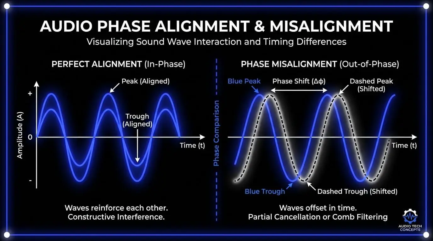 Infographic comparing audio phase alignment and phase misalignment, showing in-phase waves reinforcing and shifted waves causing cancellation or comb filtering.