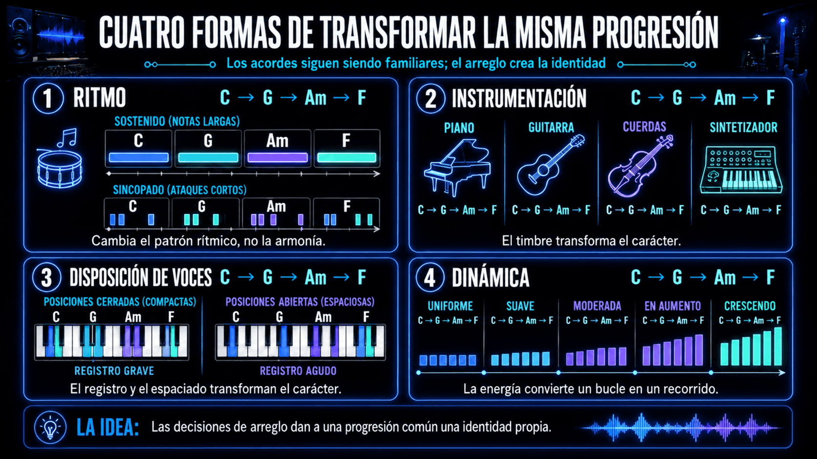Infographic showing four ways to transform the 1–5–6–4 progression using rhythm, instrumentation, chord voicing, and dynamics.