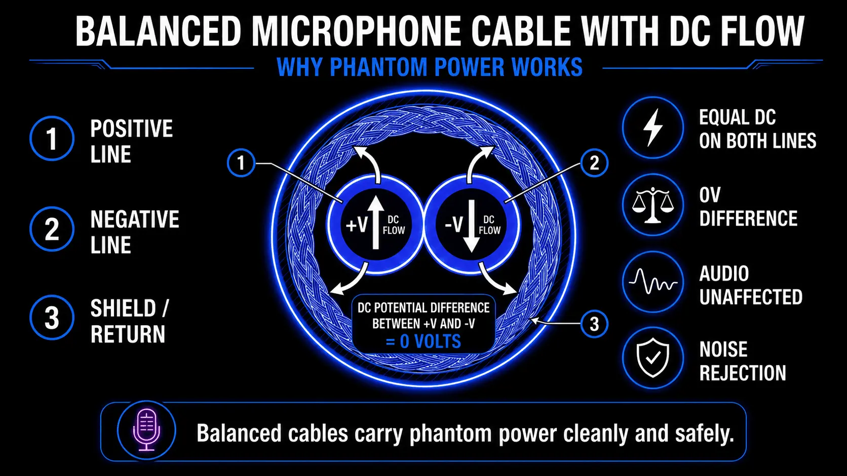 Technical cross-section of a balanced microphone cable showing phantom power DC flow through signal conductors and shield return path.