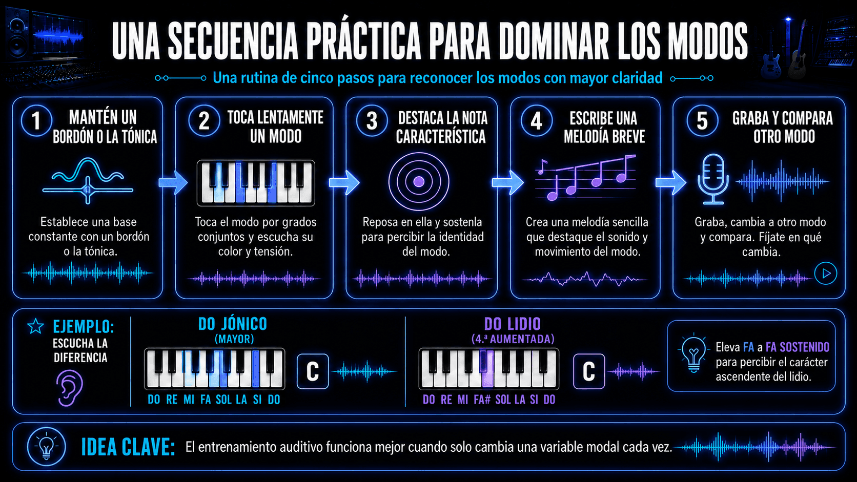 Secuencia de práctica modal de cinco pasos usando un drone, tocar escala lenta, notas características, escritura de melodía, grabación y comparación.