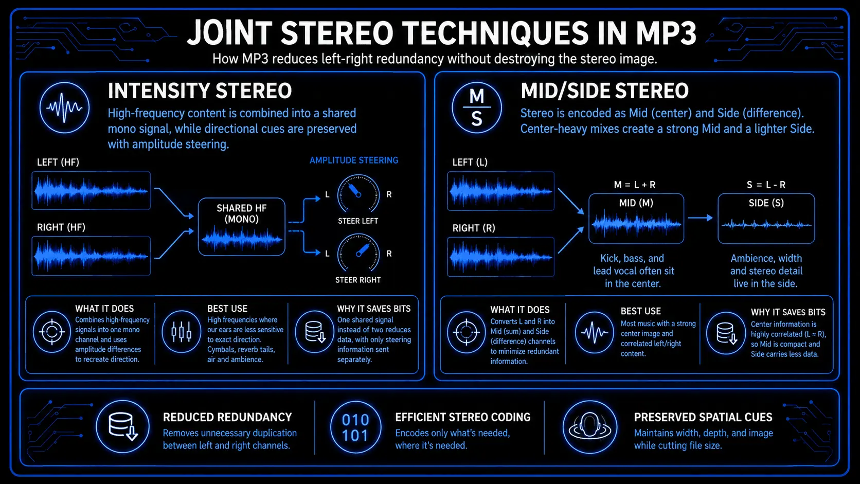Comparison of intensity stereo and mid-side stereo techniques used to reduce MP3 file size