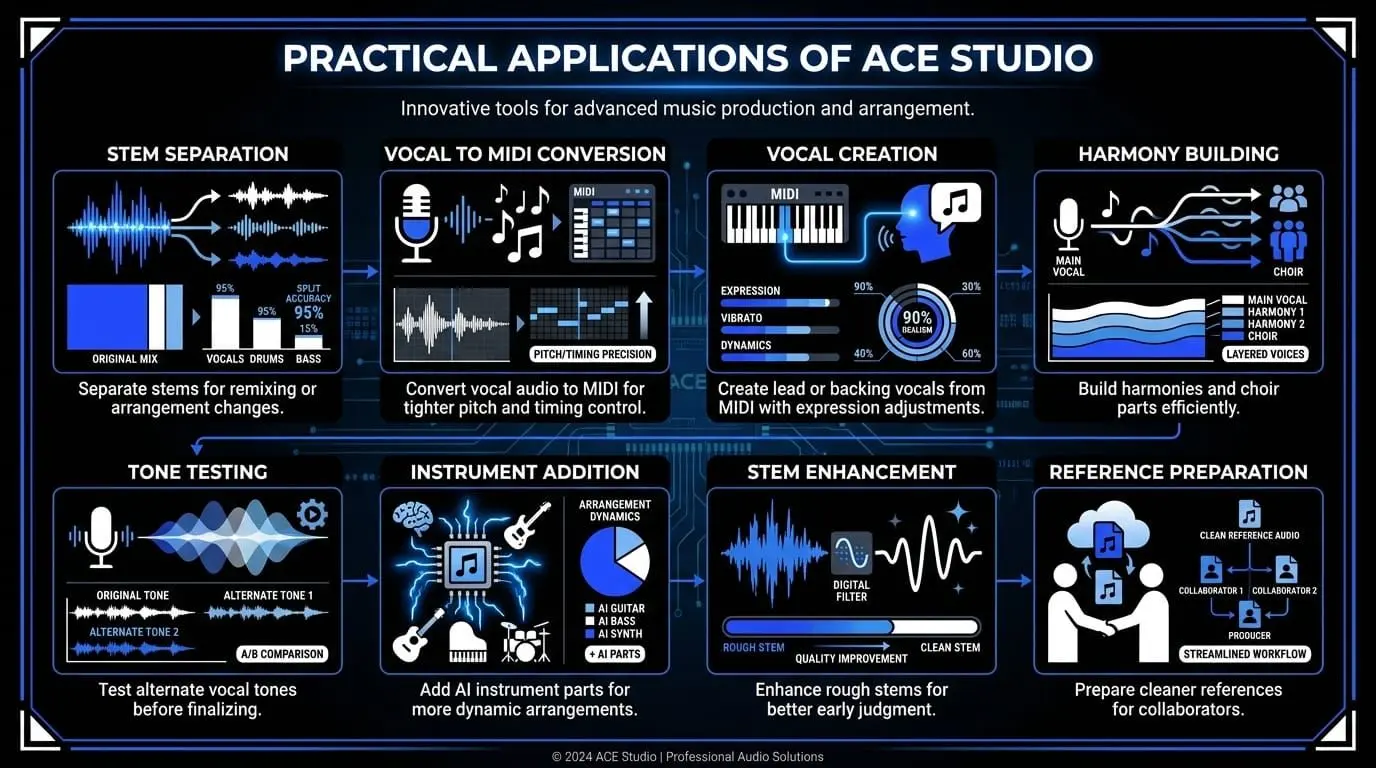 Infographic showing practical ACE Studio applications, including stem separation, vocal to MIDI conversion, vocal creation, harmony building, tone testing, instrument addition, stem enhancement, and reference preparation.