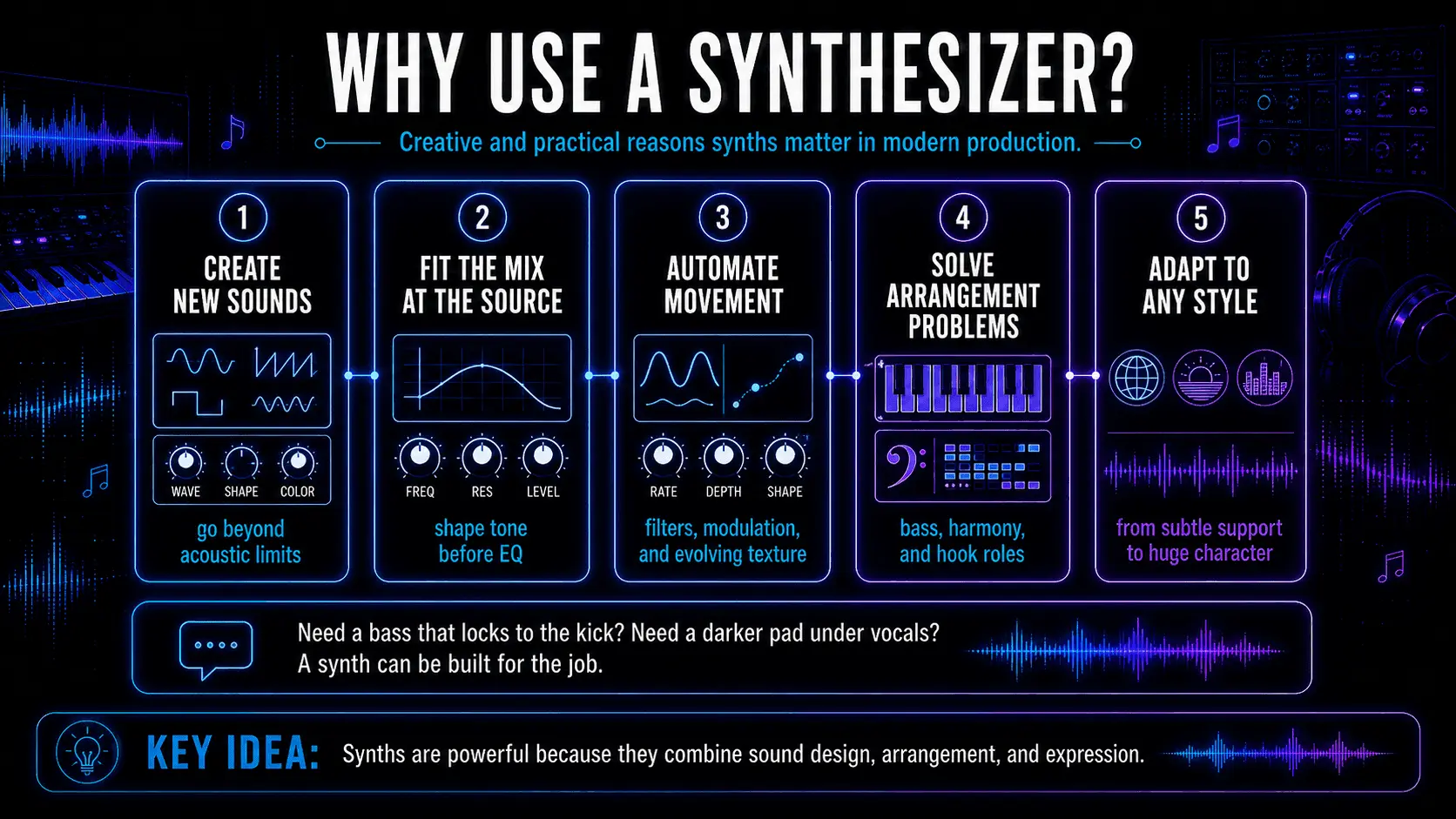 Infographic showing how synthesizers create new sounds, fit the mix, automate movement, solve arrangement problems, and adapt to different styles.