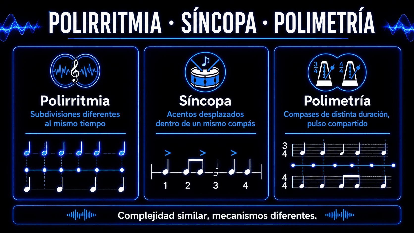 Comparación lado a lado de poliritmia, síncopa y polimetro, mostrando ritmos en capas, acentos desplazados y diferentes signaturas de tiempo.