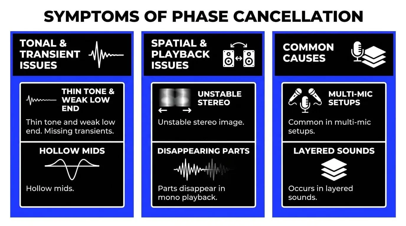 Infographic showing symptoms of phase cancellation, including thin tone, weak low end, hollow mids, unstable stereo image, disappearing parts, multi-mic setups, and layered sounds.