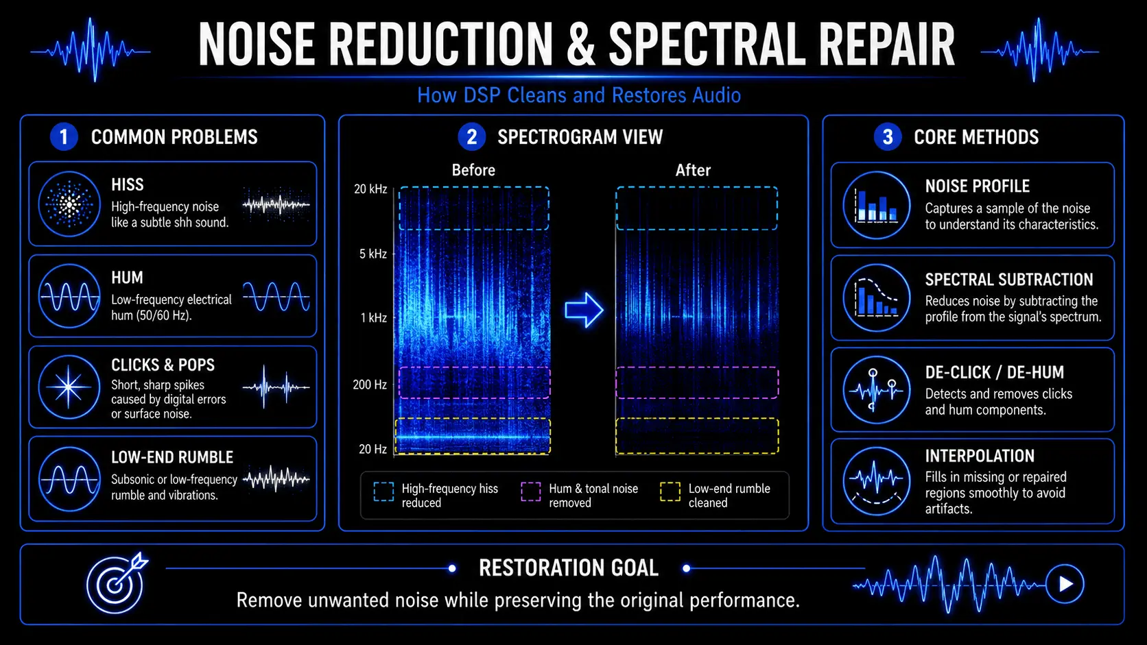 Infographic explaining time-based audio effects in music, including delay, reverb, chorus, flanging, buffer storage, feedback, modulation, and wet dry mix.