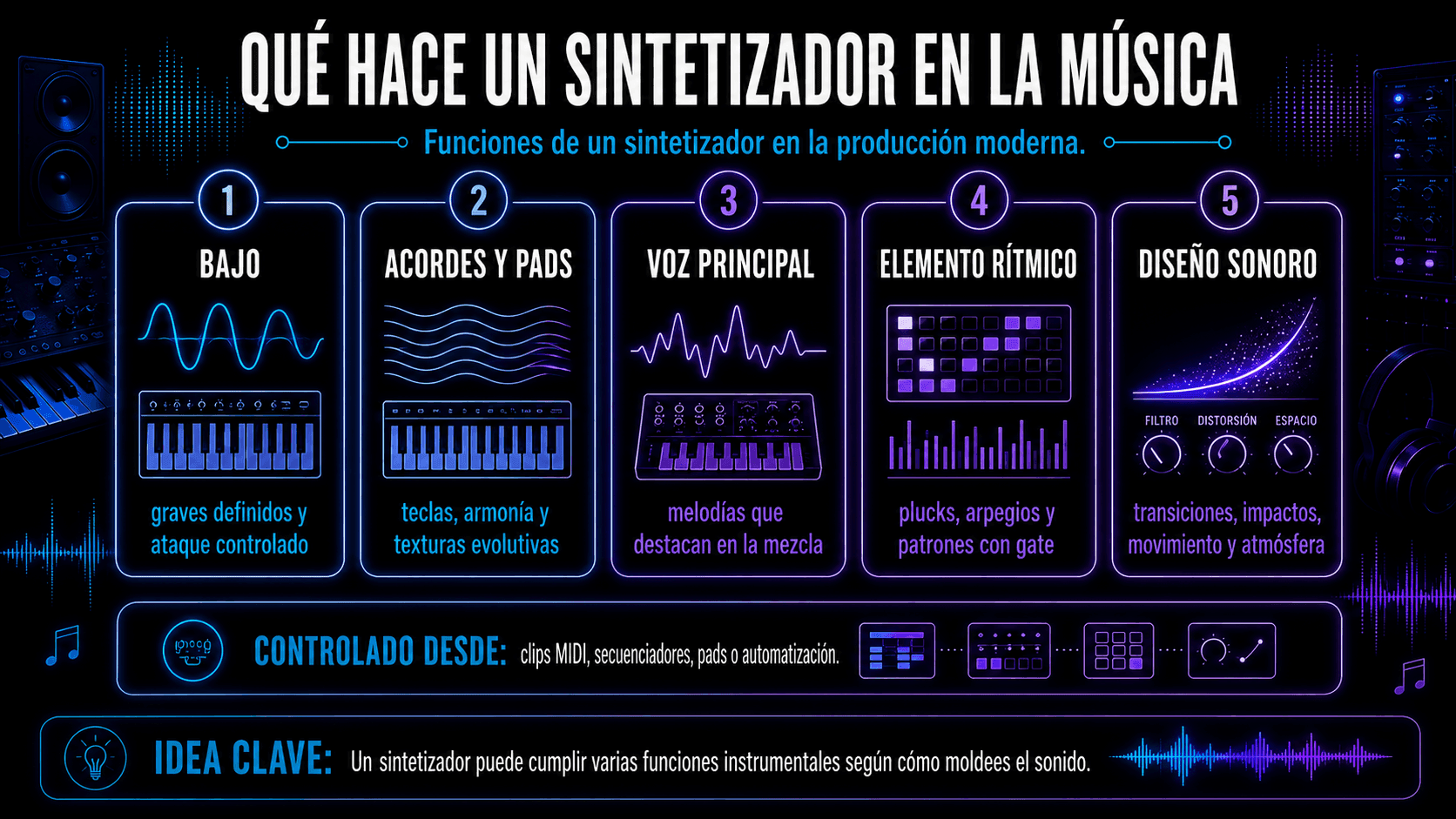 Infografía mostrando un sintetizador usado para bajo, acordes y pads, melodías principales, patrones rítmicos y diseño de sonido.