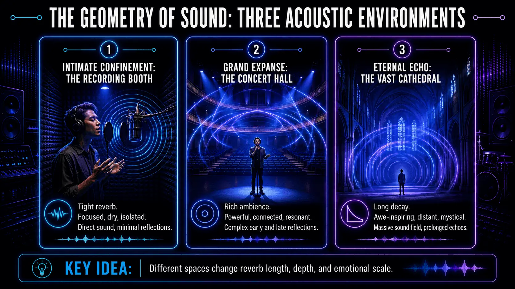 Infographic comparing recording booth, concert hall, and cathedral acoustics with different reverb and reflection characteristics.