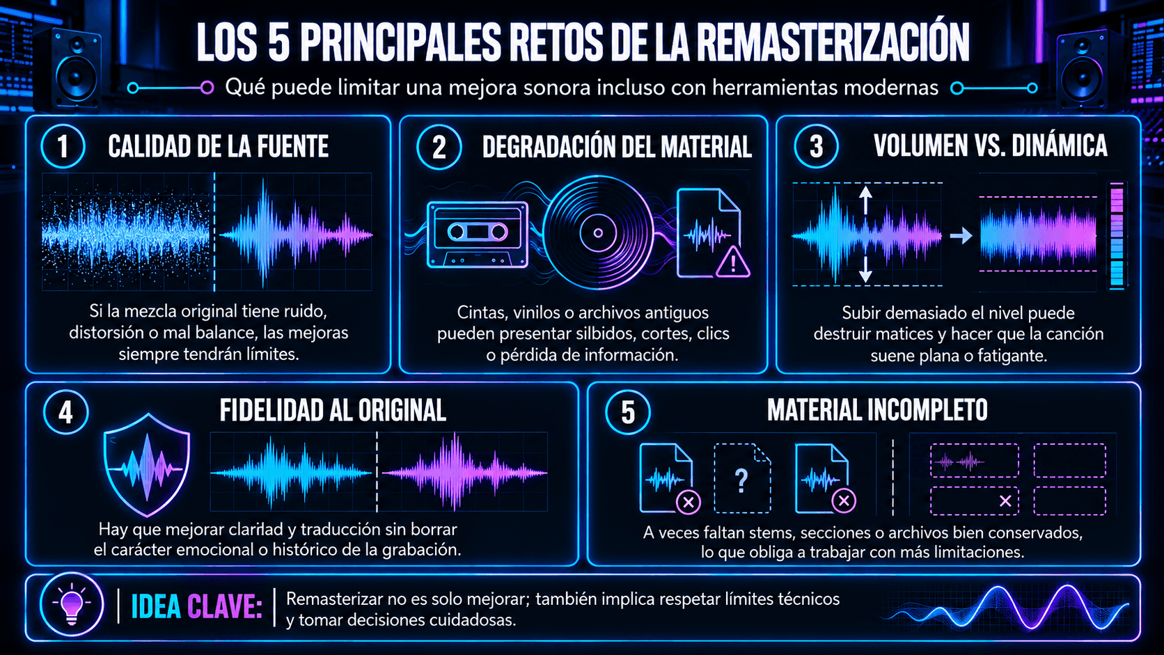 Infografía sobre cinco retos de la remasterización: calidad de la fuente, degradación, dinámica, fidelidad al original y material incompleto.