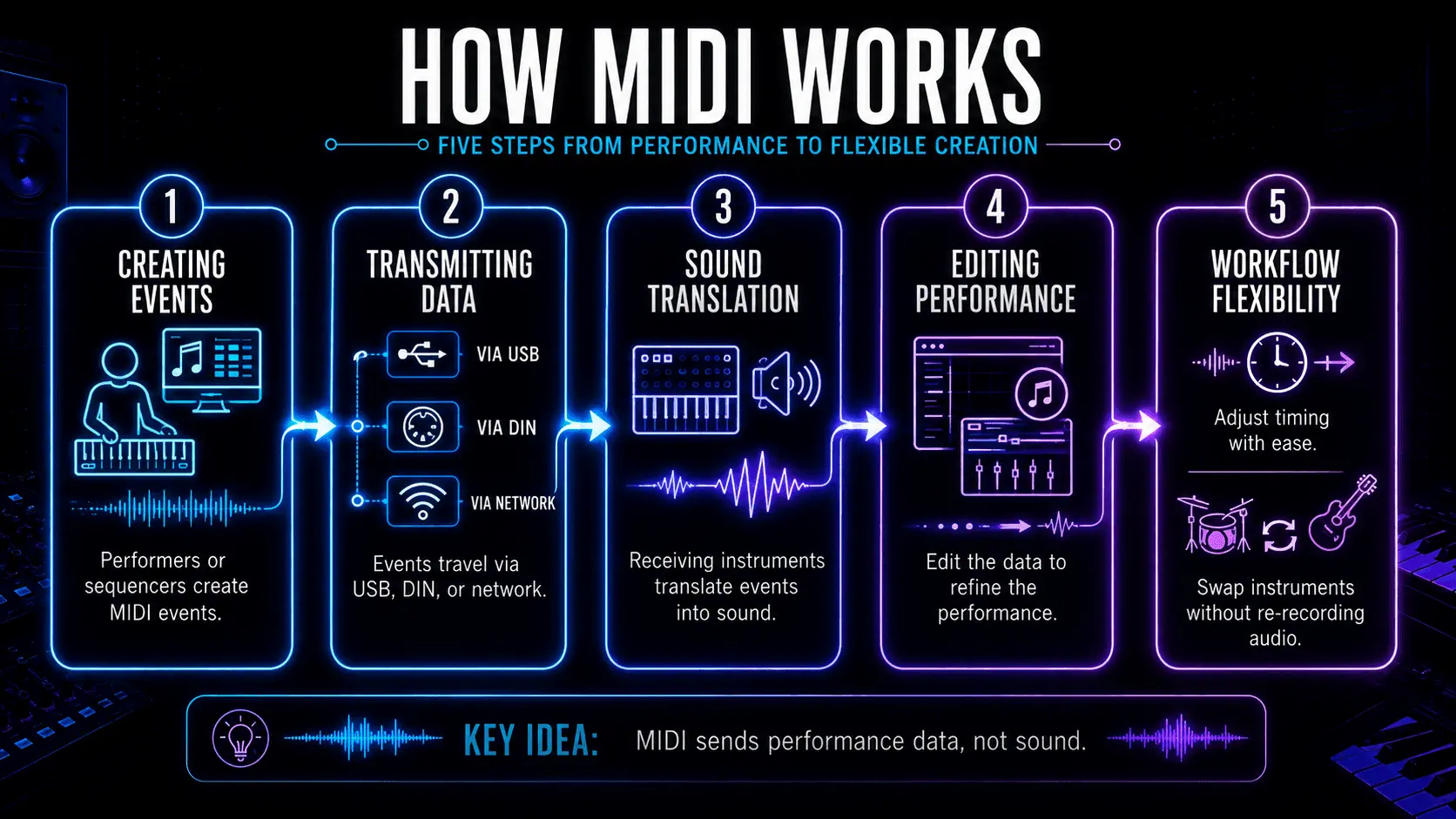 Infographic explaining how MIDI works, from creating events and transmitting data to sound translation, performance editing, and workflow flexibility.