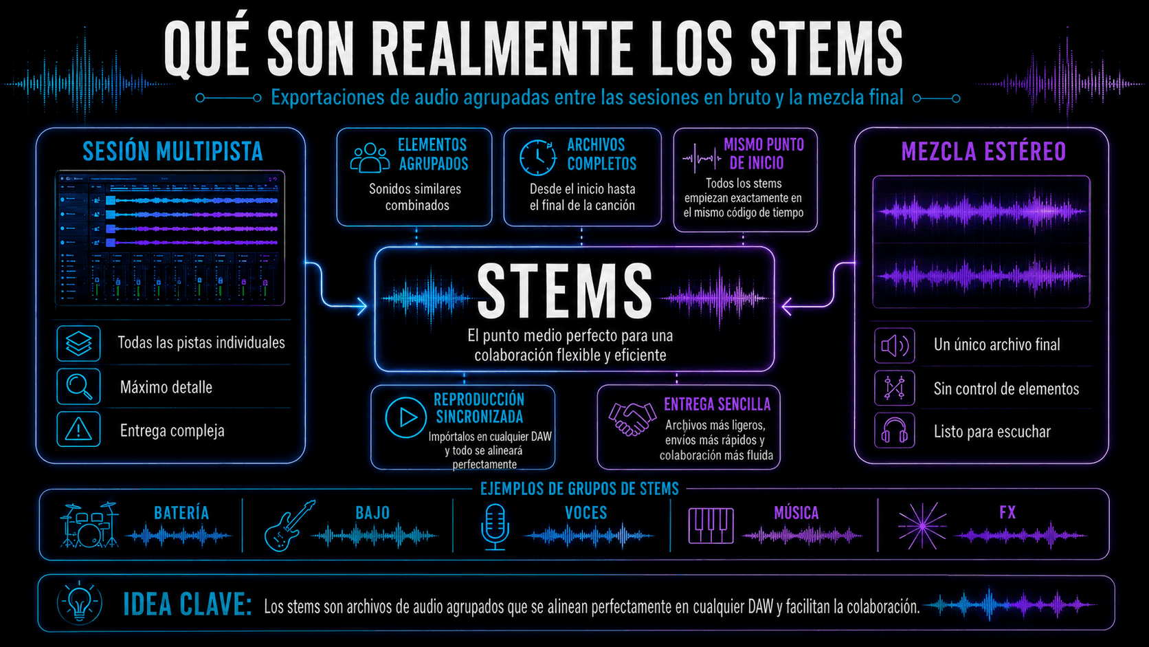 Infografía explicando los stems de audio, incluyendo stems vs pistas, beneficios de usar stems, configuraciones de exportación, frecuencia de muestreo, profundidad de bits y usos comunes.