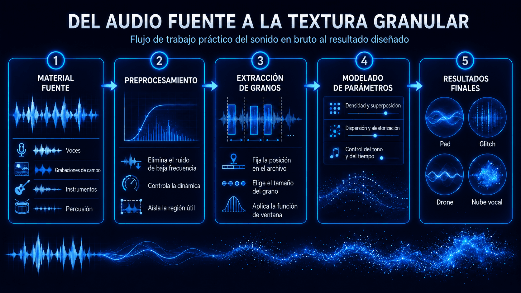 Flujo de trabajo de síntesis granular mostrando selección de fuente, preprocesamiento, extracción de granos, modelado de parámetros y texturas de sonido finales.