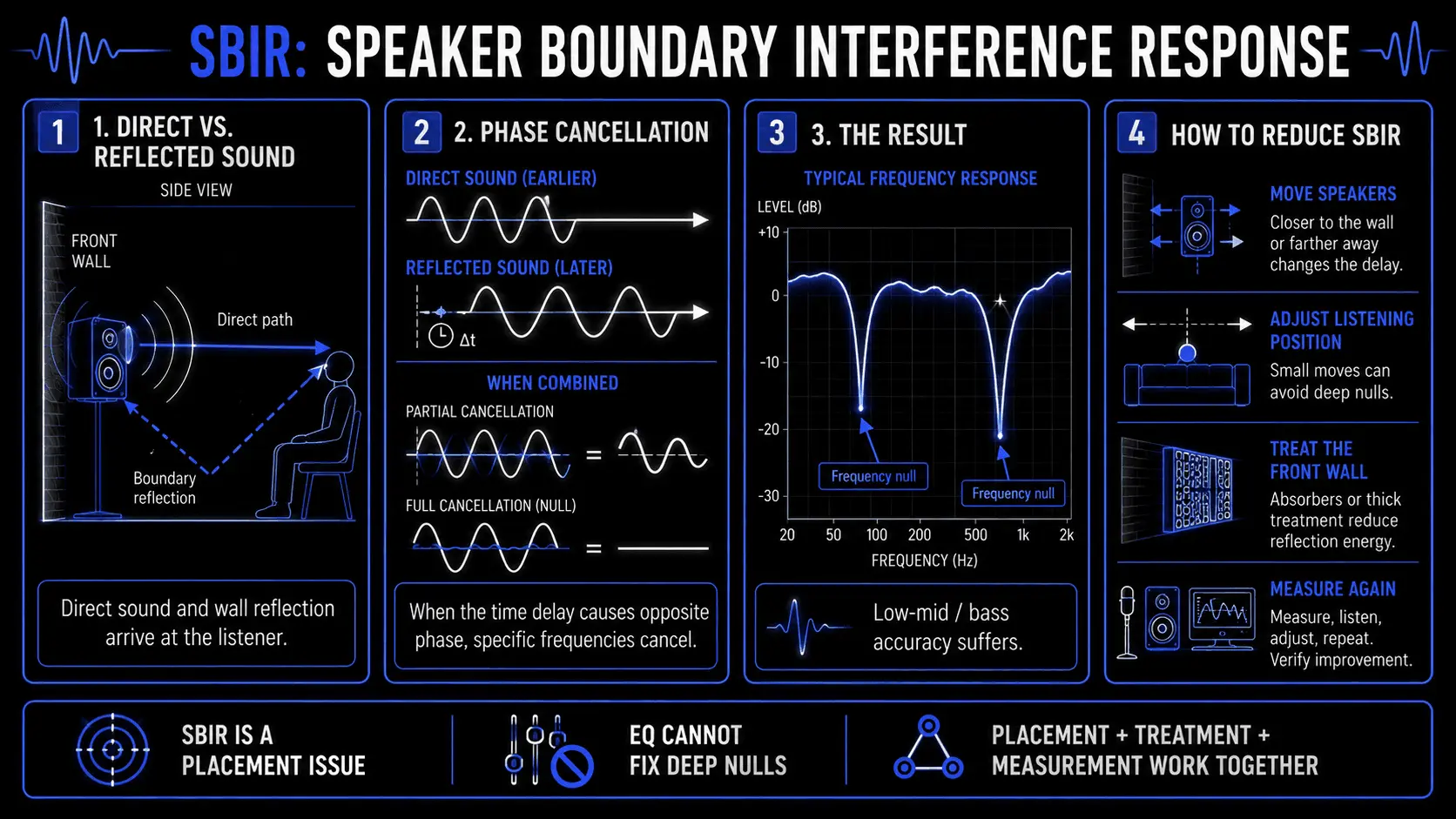 Infographic explaining Speaker Boundary Interference Response with direct and reflected sound, phase cancellation, frequency nulls, and ways to reduce SBIR through placement, treatment, and measurement.