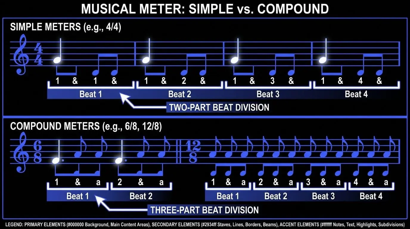 Musical notation comparing simple meter in 4/4 with compound meters in 6/8 and 12/8 using two-part and three-part beat divisions.